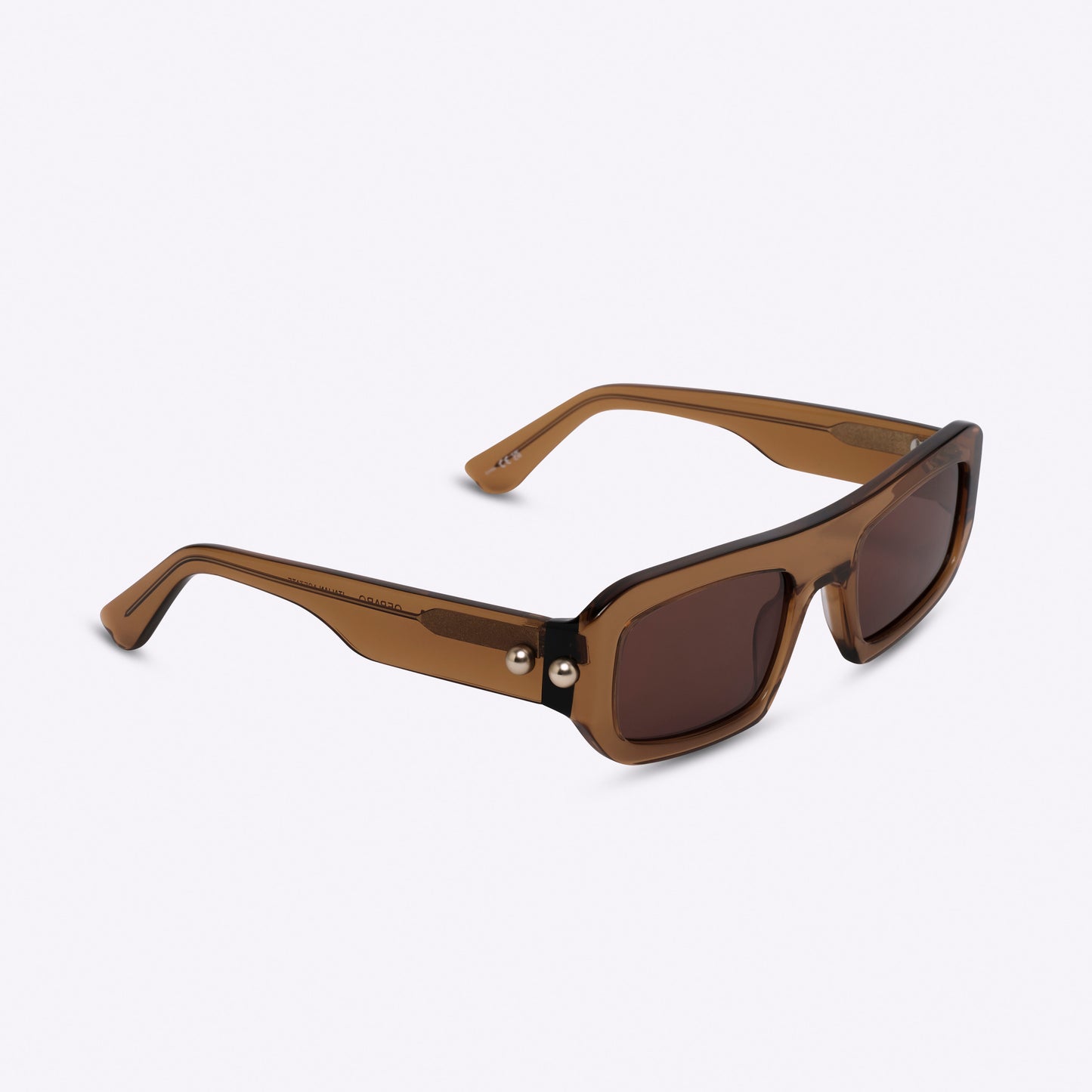 Rectangular transparent brown acetate sunglasses – angled right product view on white background