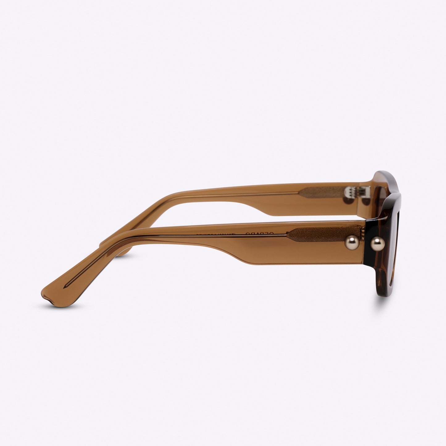 Rectangular transparent brown acetate sunglasses – temple detail side product view on white background