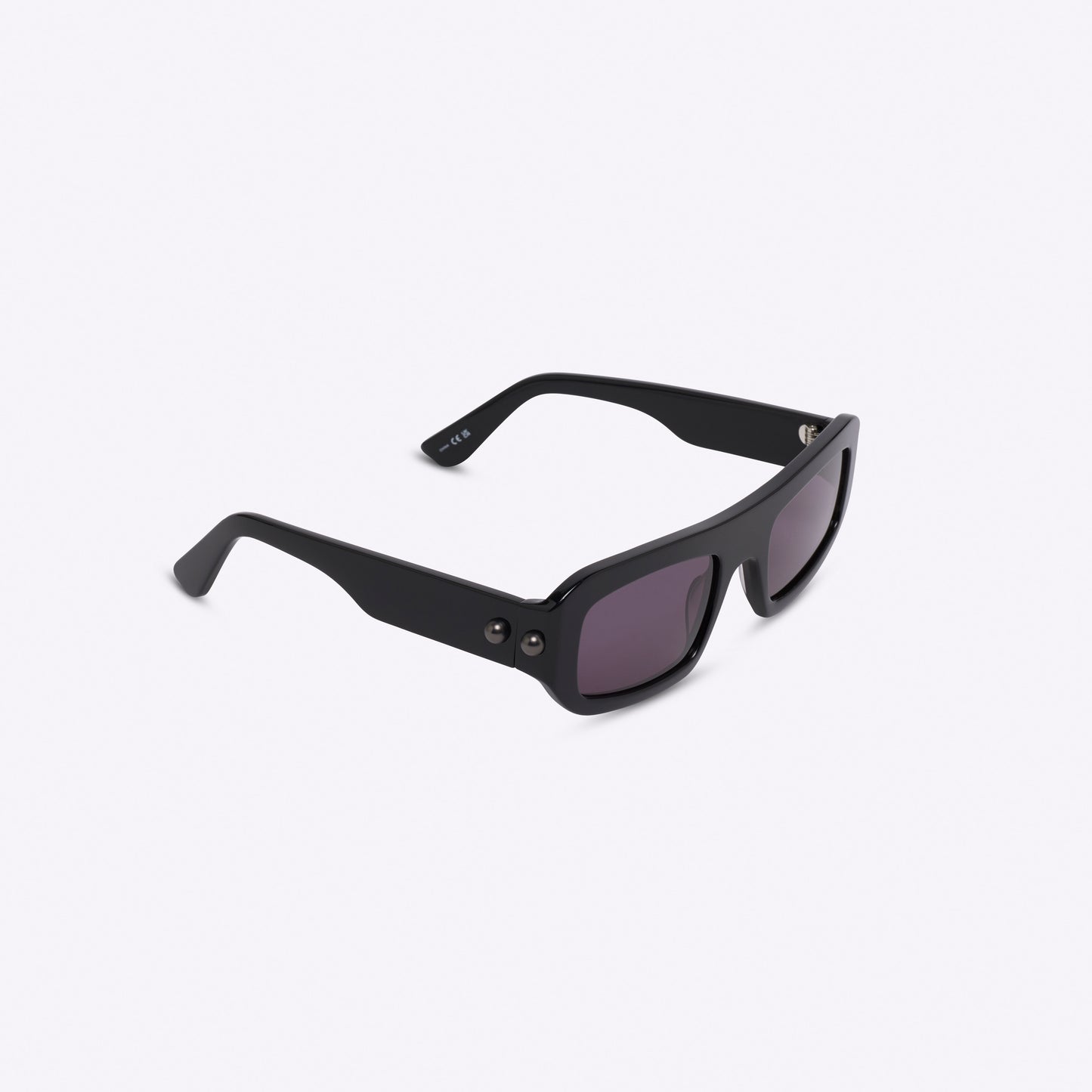 Rectangular black acetate sunglasses – angled three-quarter view product image on white background