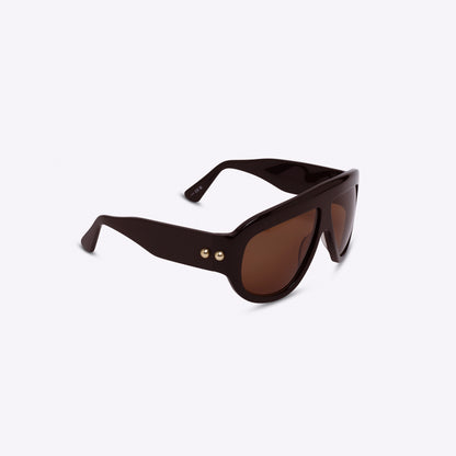 Brown oversized aviator sunglasses with bold acetate frame – angled right view on white background