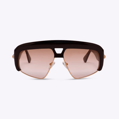 Deep brown oversized aviator sunglasses with acetate and metal frame – front product view on white background