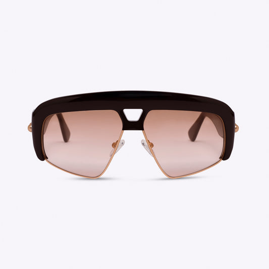 Deep brown oversized aviator sunglasses with acetate and metal frame – front product view on white background