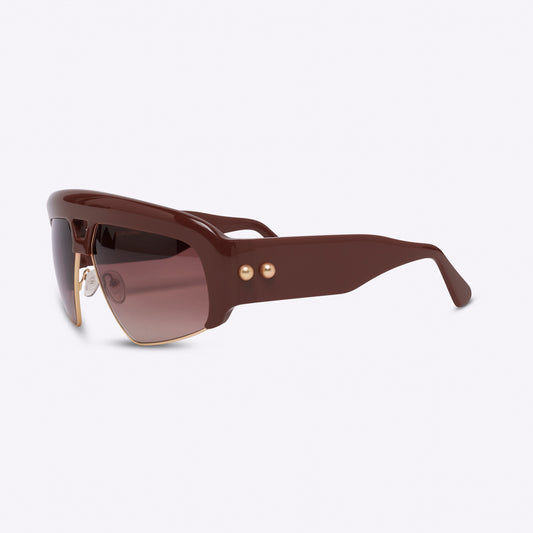 Brown oversized aviator sunglasses with acetate and metal frame – side product view on white background