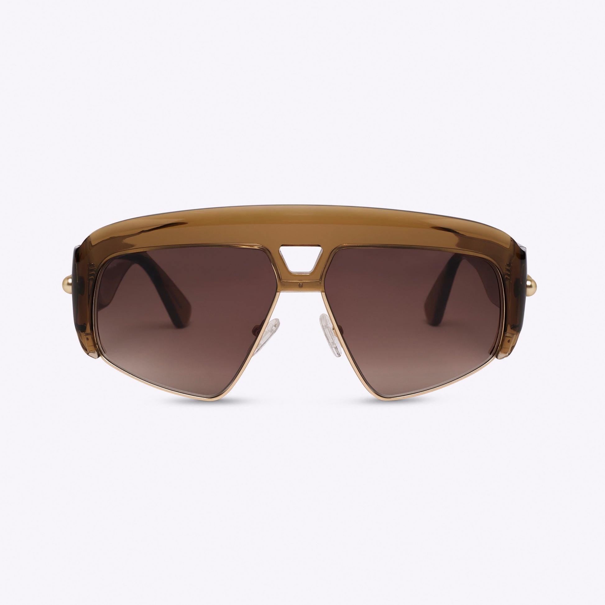 Transparent brown oversized aviator sunglasses with acetate and metal frame – front product view on white background