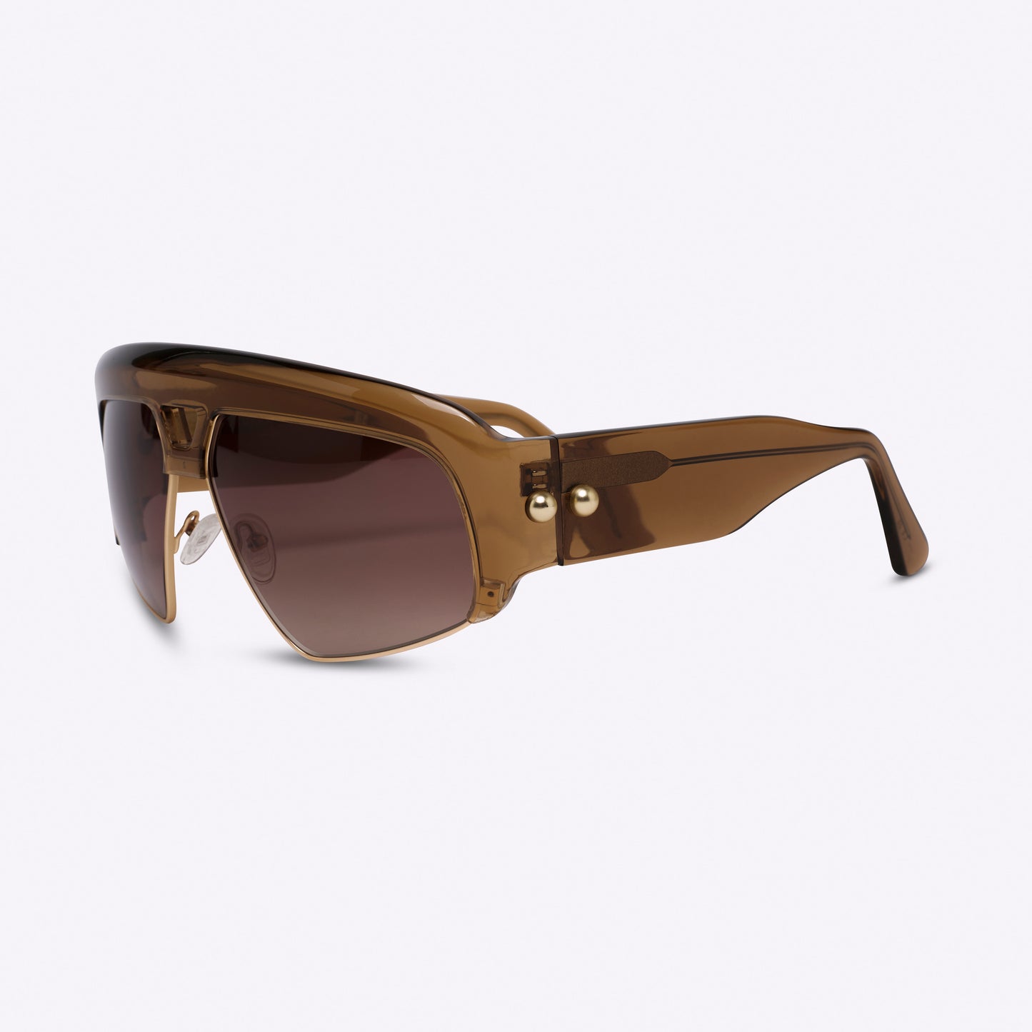 Transparent brown oversized aviator sunglasses with acetate and metal frame – side product view on white background