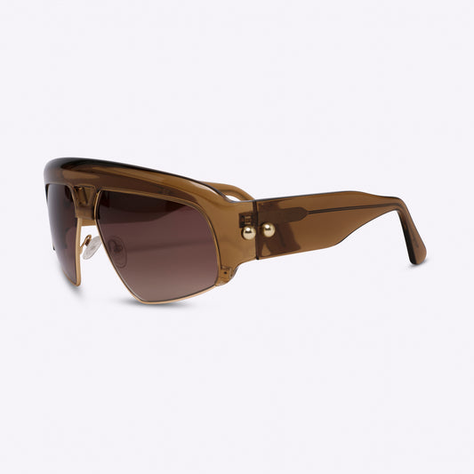 Transparent brown oversized aviator sunglasses with acetate and metal frame – side product view on white background