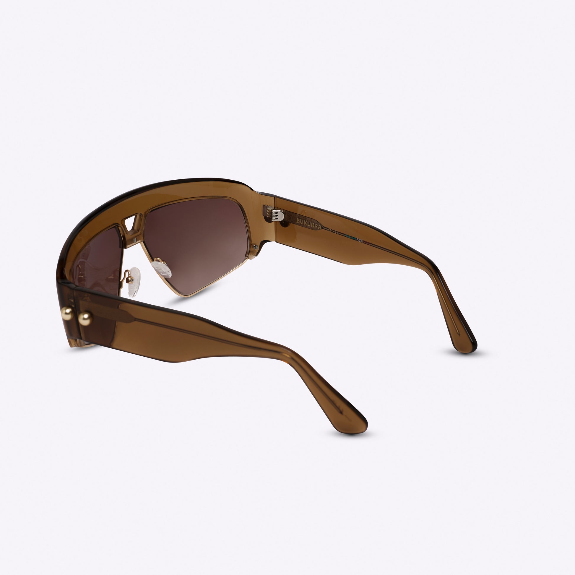 Transparent brown oversized aviator sunglasses with acetate and metal frame – back product view on white background
