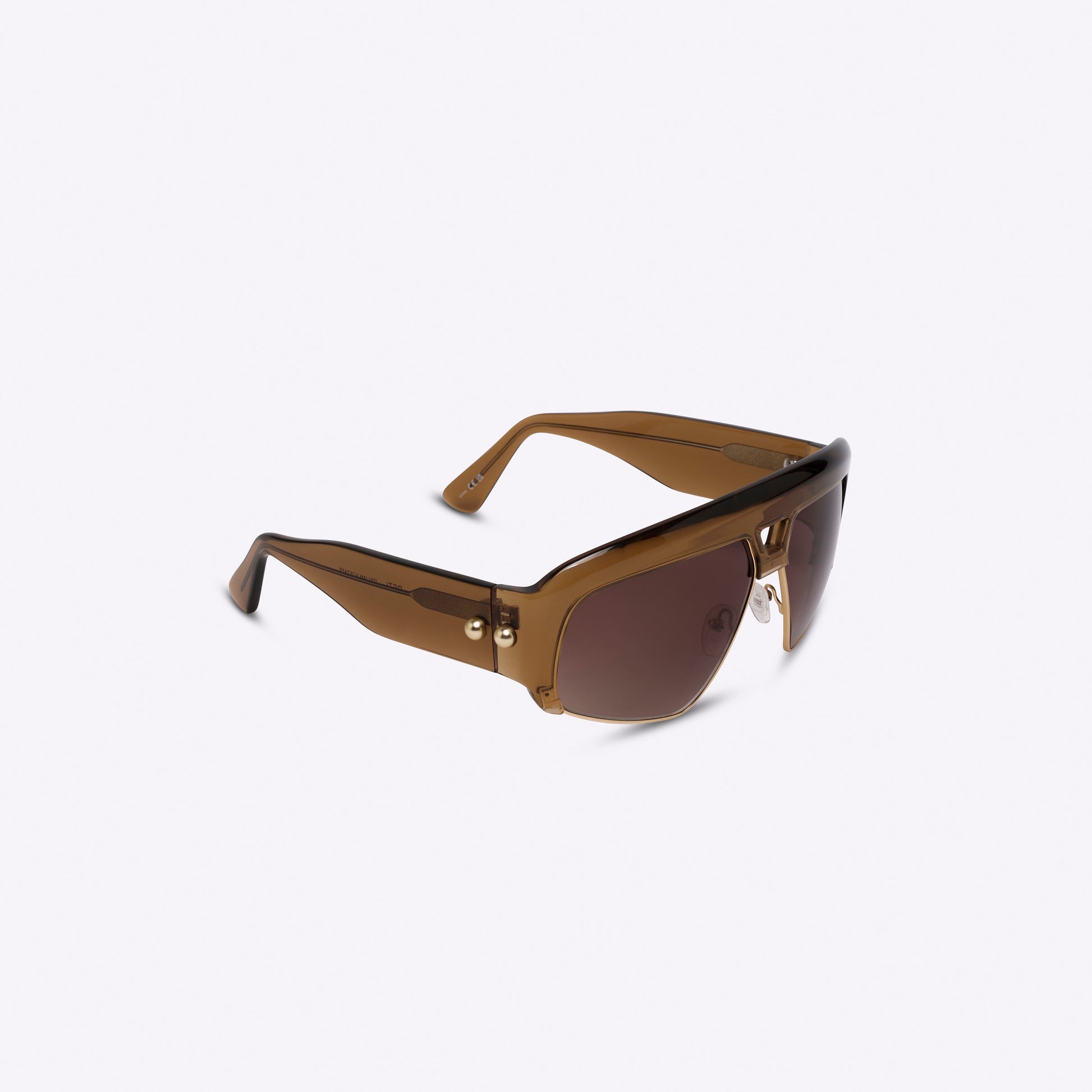 Transparent brown oversized aviator sunglasses with acetate and metal frame – angled right product view on white background