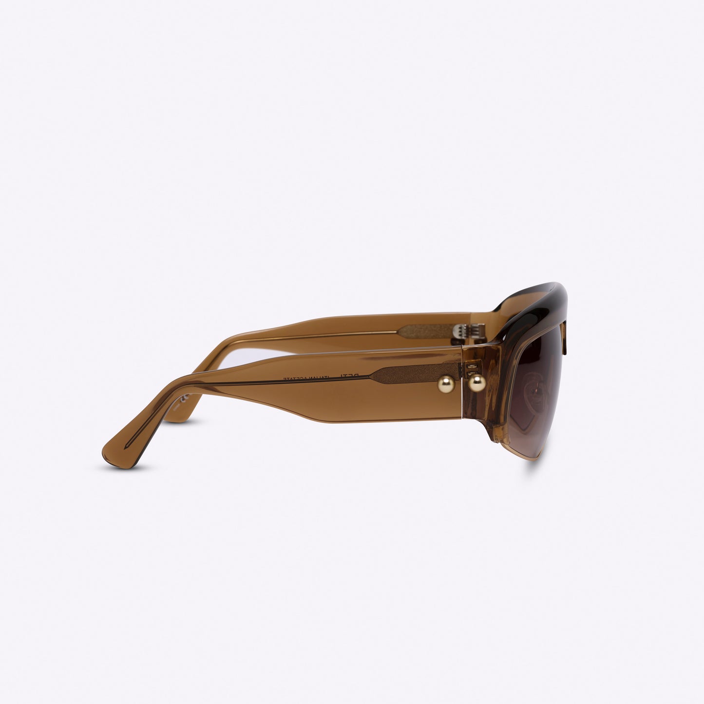 Transparent brown oversized aviator sunglasses with acetate and metal frame – temple detail side product view on white background
