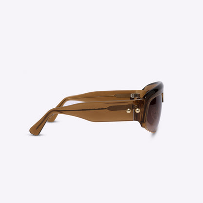 Transparent brown oversized aviator sunglasses with acetate and metal frame – temple detail side product view on white background