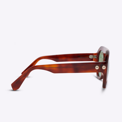 Brown aviator sunglasses in Havana acetate – temple detail view product photo on white background