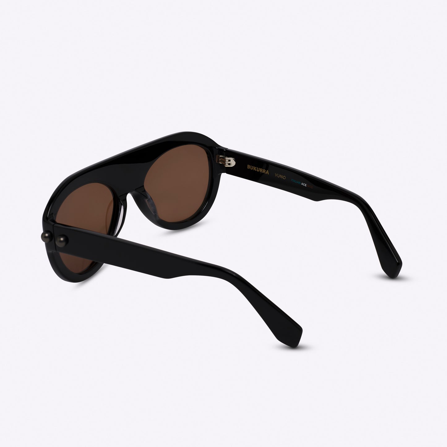 Black aviator sunglasses with acetate frame – back view on white background