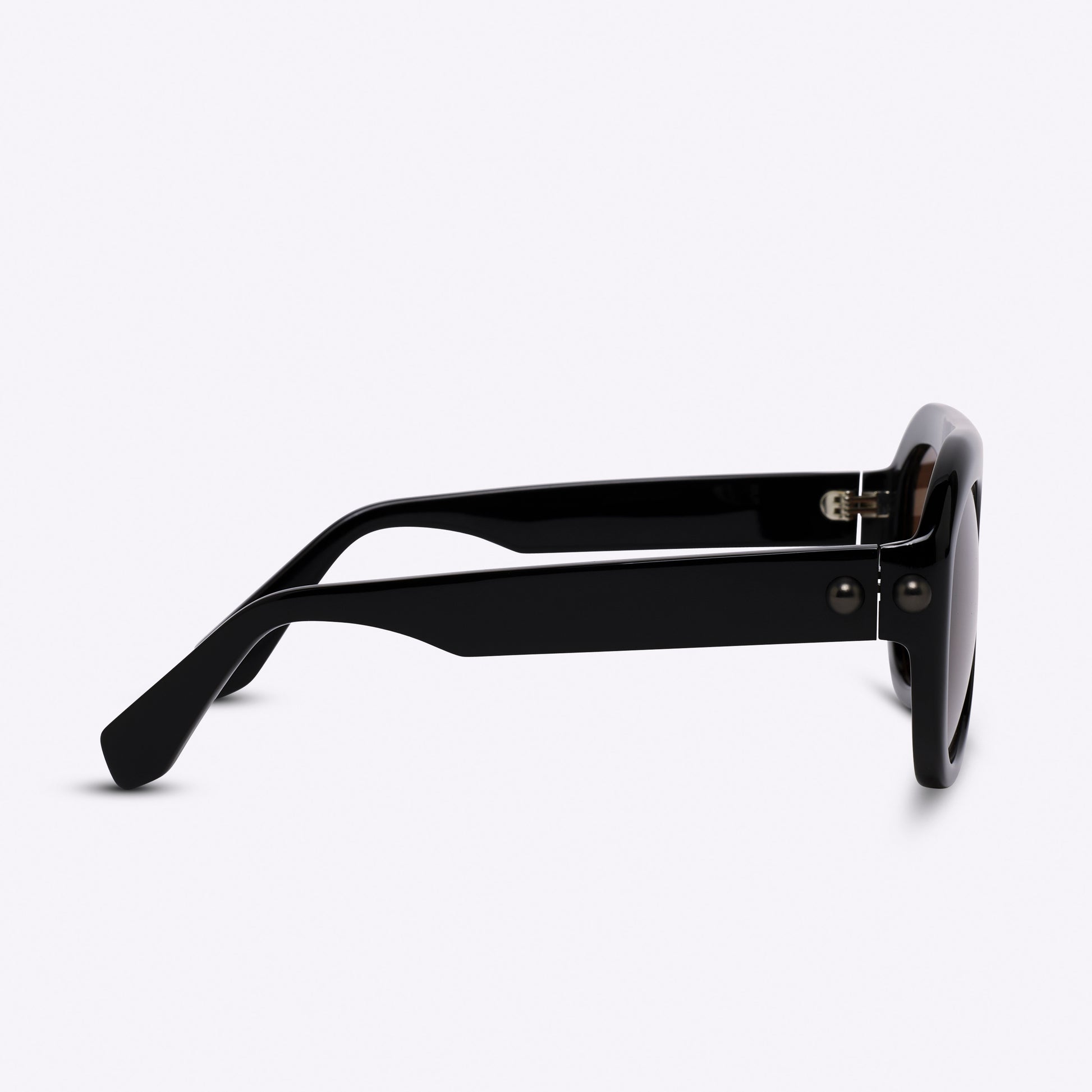 Black aviator sunglasses with acetate frame – temple detail view on white background