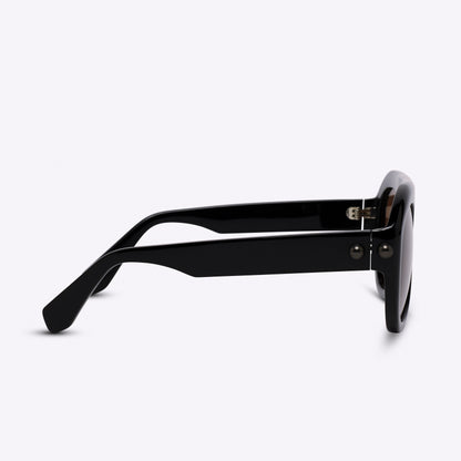 Black aviator sunglasses with acetate frame – temple detail view on white background
