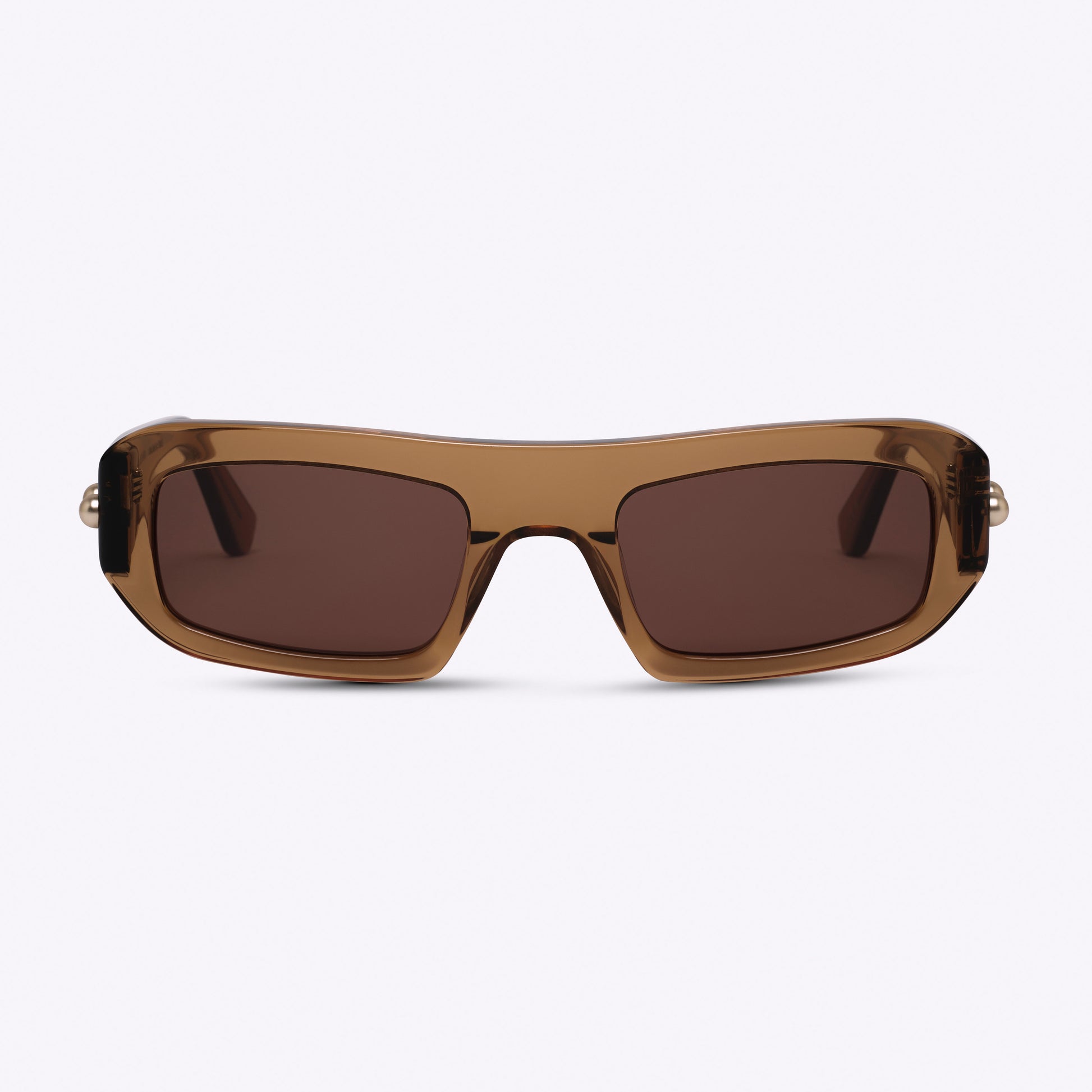 Rectangular transparent brown acetate sunglasses – front view product photo on white background