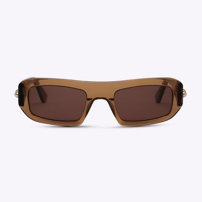 Rectangular transparent brown acetate sunglasses – front view product photo on white background