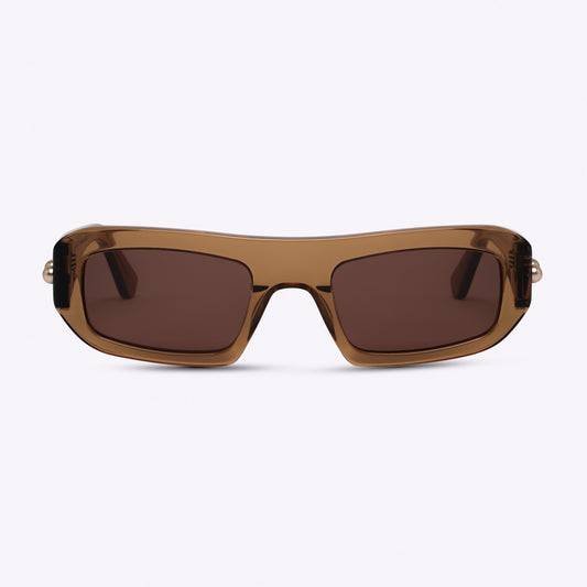 Rectangular transparent brown acetate sunglasses – front view product photo on white background