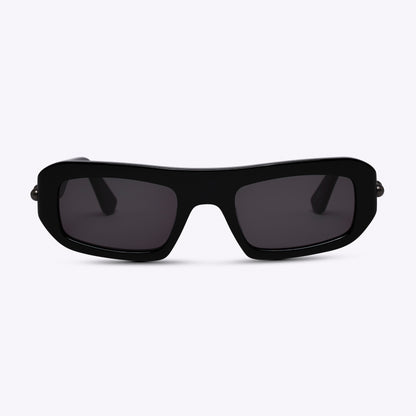Rectangular black acetate sunglasses – front view product photo on white background
