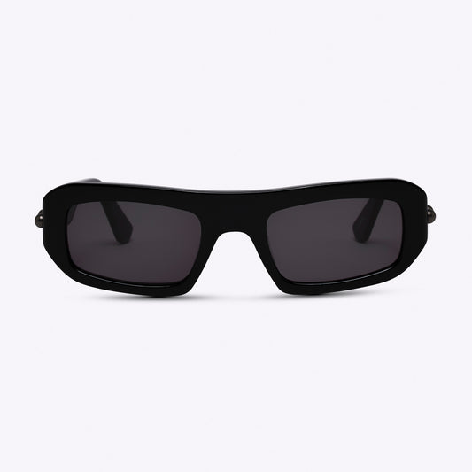 Rectangular black acetate sunglasses – front view product photo on white background
