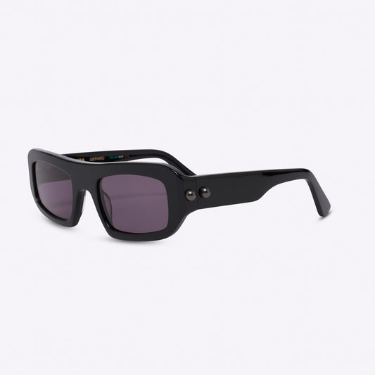Rectangular black acetate sunglasses – left side view product photo on white background
