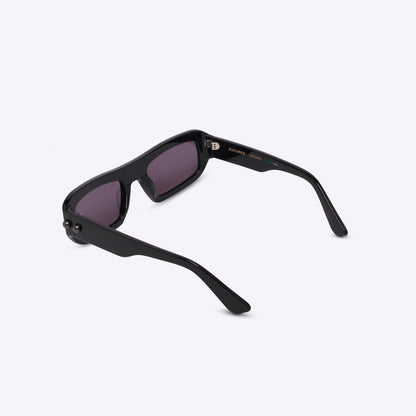 Rectangular black acetate sunglasses – back view showing temples and frame shape