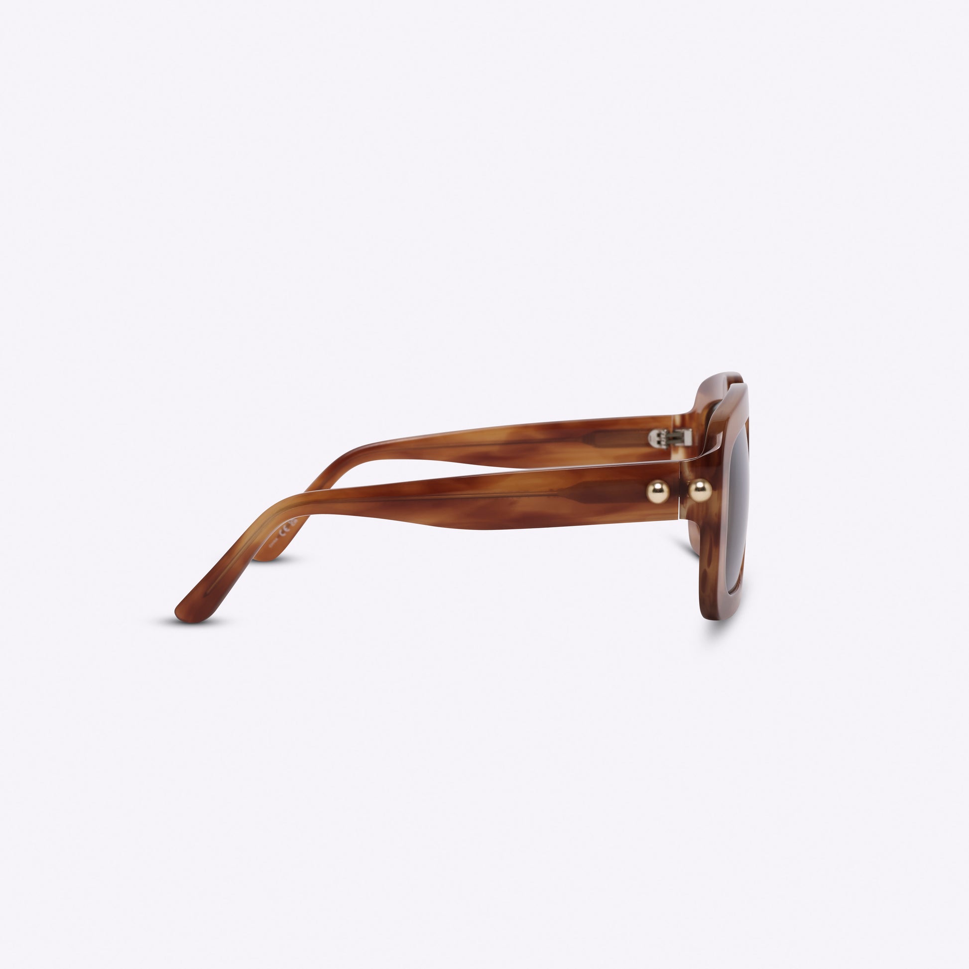 Square brown / striped Havana acetate sunglasses – side view with temple detail on white background